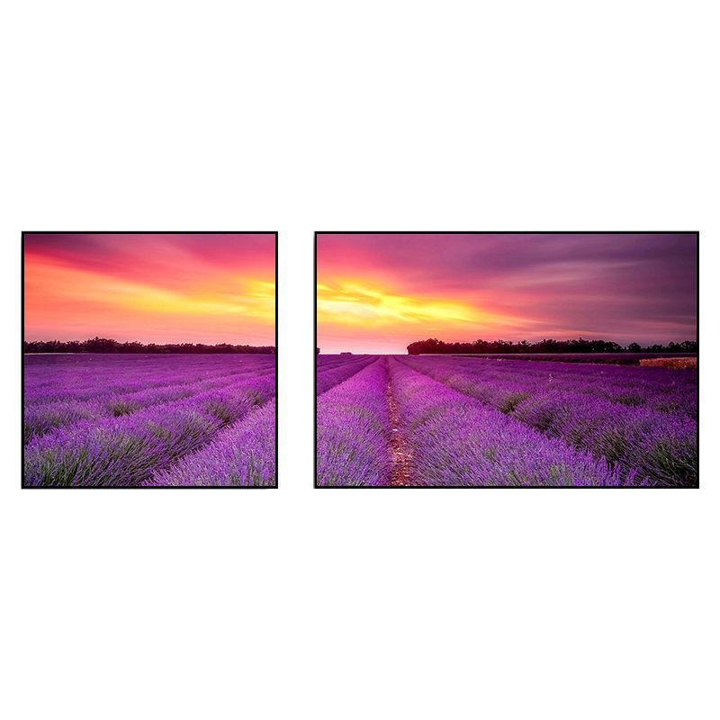 Lavender Field Wall Art Modern Enticing Nature Scenery Canvas Print in Purple for Room