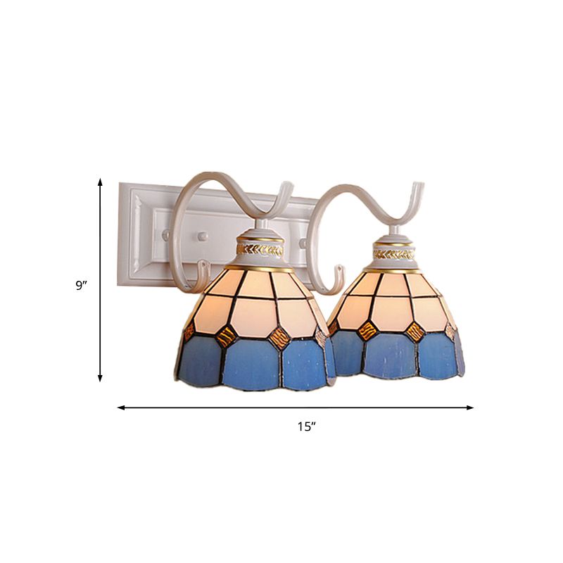 2 Lights Domed Wall Light Fixture Mediterranean Stained Glass Vanity Light in White/Black for Bathroom