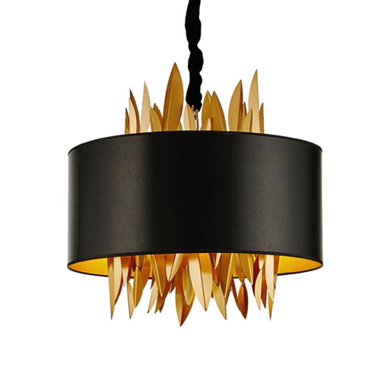 4 Lights Fabric Chandelier Lamp Country Black Round Dining Room Hanging Ceiling Light with Metal Leaves