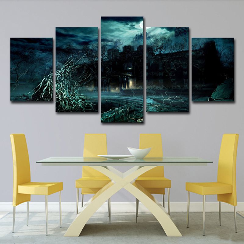 Stormy Night Castle Canvas Art Kids Dreary Fantasy Wall Decor in Green for Living Room