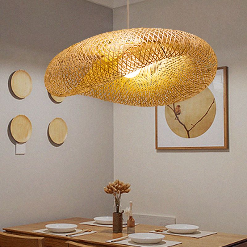 16"/19.5"/23.5" W Twist Pendant Lighting Contemporary Bamboo 1 Light Living Room Hanging Lamp in Beige
