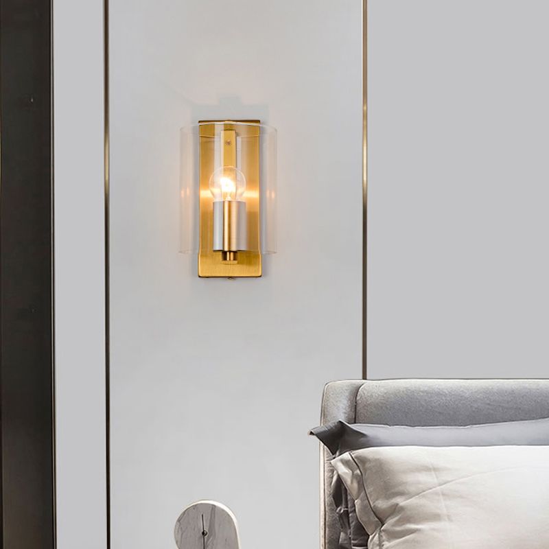 Cylindric Wall Light Sconce Post Modern Clear/Textured White Glass 1 Bulb Brass Finish Wall Lamp