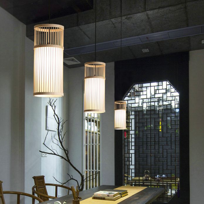1-Light Bamboo Suspended Lighting Fixture Japanese Pendant Light Kit for Living Room