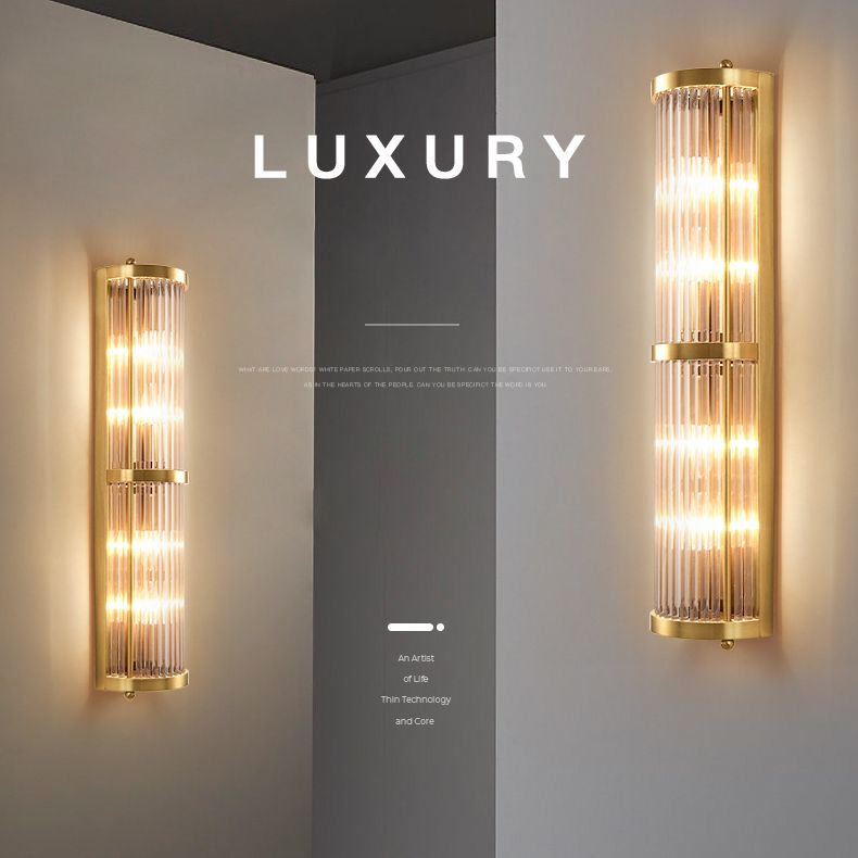 Luces de apliques cilíndricos cristalínicos transparentes Estilo moderno Lámpara de montaje de pared de 2 luces en oro