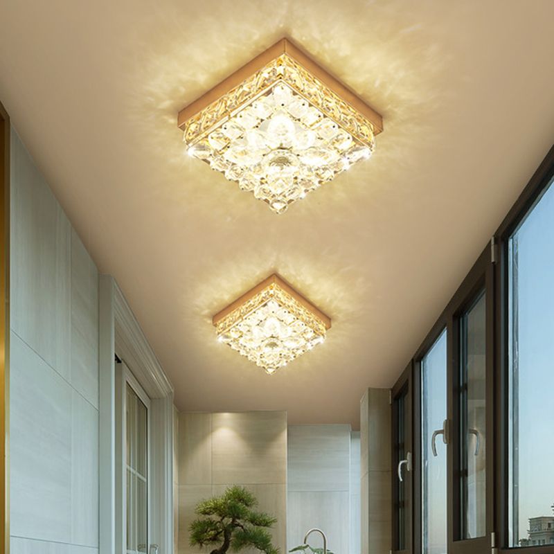 Modernist Cube Flush Ceiling Lighting Faceted Crystal LED Corridor Flush Mount Lamp in Gold
