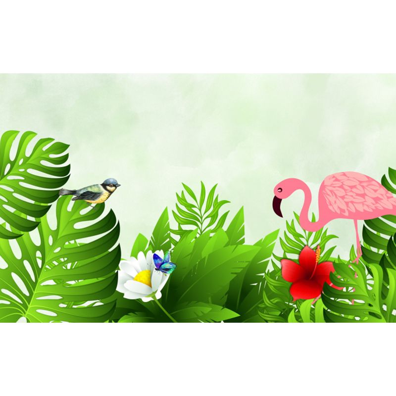 Flamingo and Leaves Mural Wallpaper Green Tropical Wall Covering for Living Room