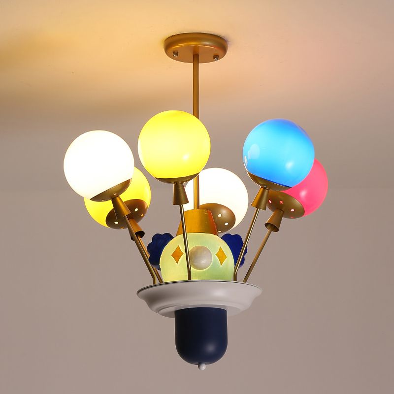 Clown and Balloon Chandelier Kids White/Blue-Pink-Yellow Glass 6 Bulbs Play Room Hanging Pendant Light