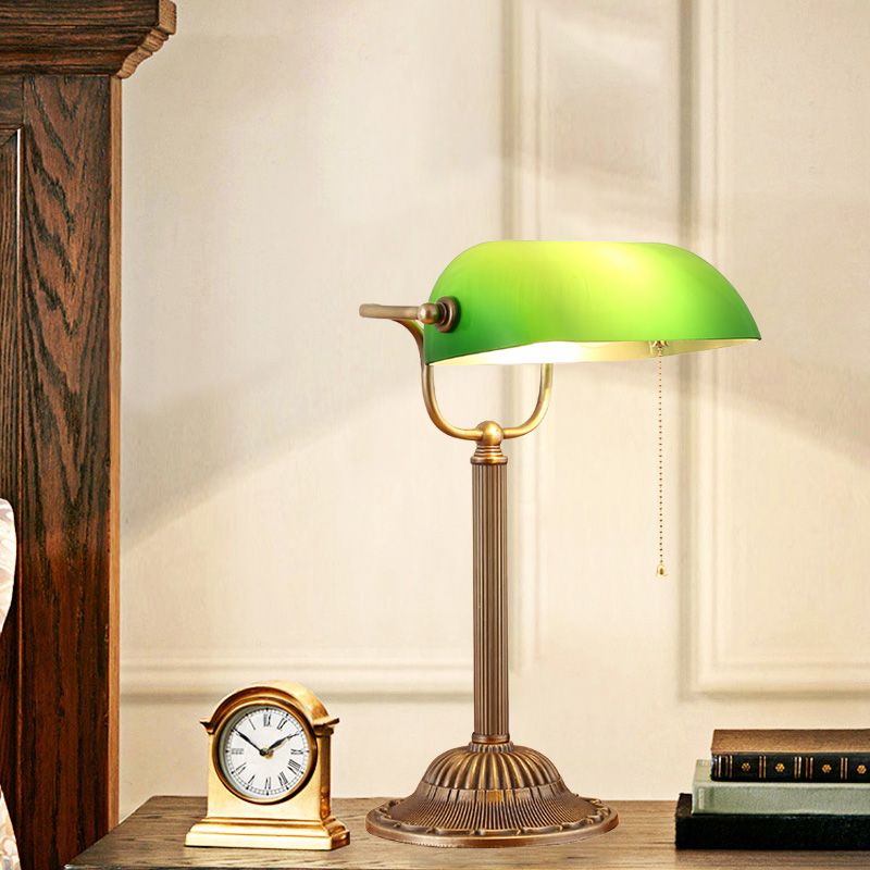 1 Light Rollover Shade Metal Night Light Country Green Glass Nightstand Lamp with Pull Chain for Bedroom