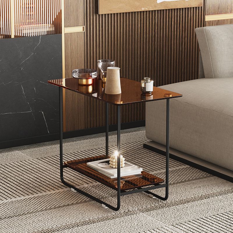 Rectangle Glass Top Side Table 21.65" Tall Metal Sled Base End Table with Shelf