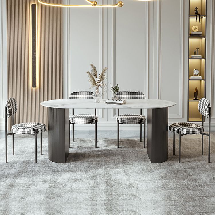 Mesa de comedor ovalada moderna mesa de comedor de piedra sinterizada blanca con base de pedestal doble para el hogar
