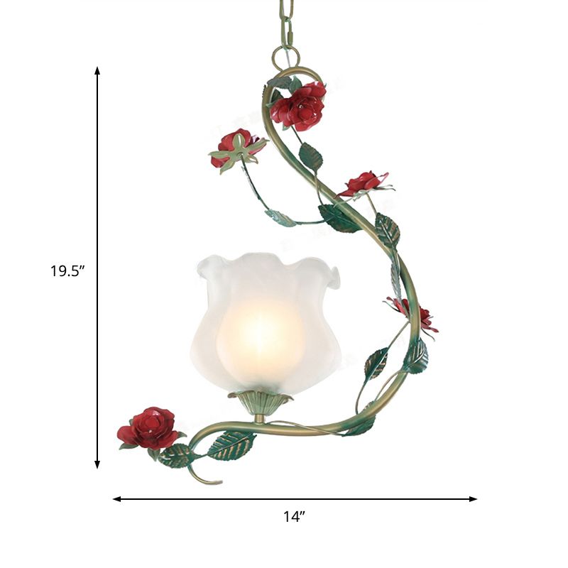 Romantic Pastoral Flower Pendant 1 Light White Glass Hanging Ceiling Light with Metal Curvy Arm