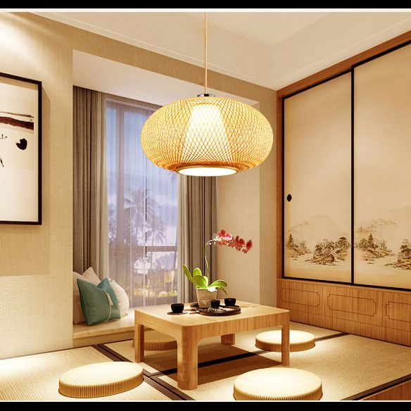 Bamboo Lantern Pendant Lighting Fixture Modern Suspension Pendant Light in Beige