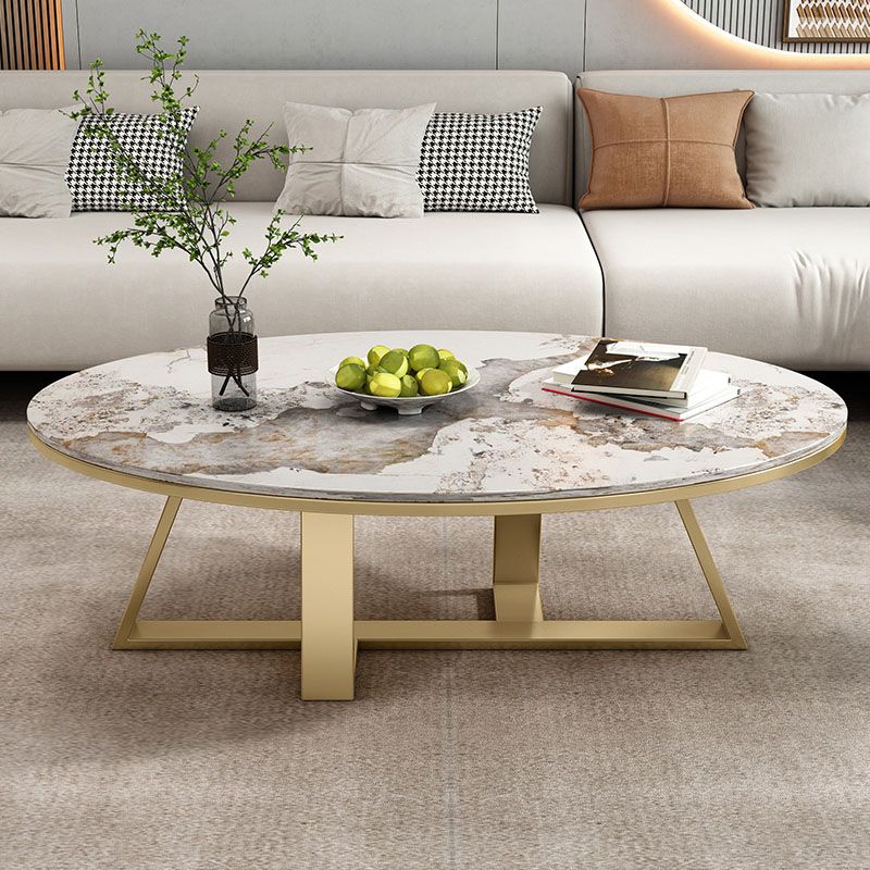 Metal Cross Legs Cocktail Table Luxurious Oval Stone Top Coffee Table