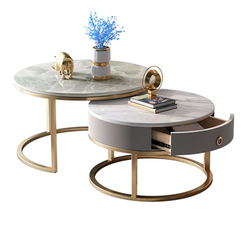 Slate Round Frame Coffee Table Modern Nesting Coffee Table Set with Drawer