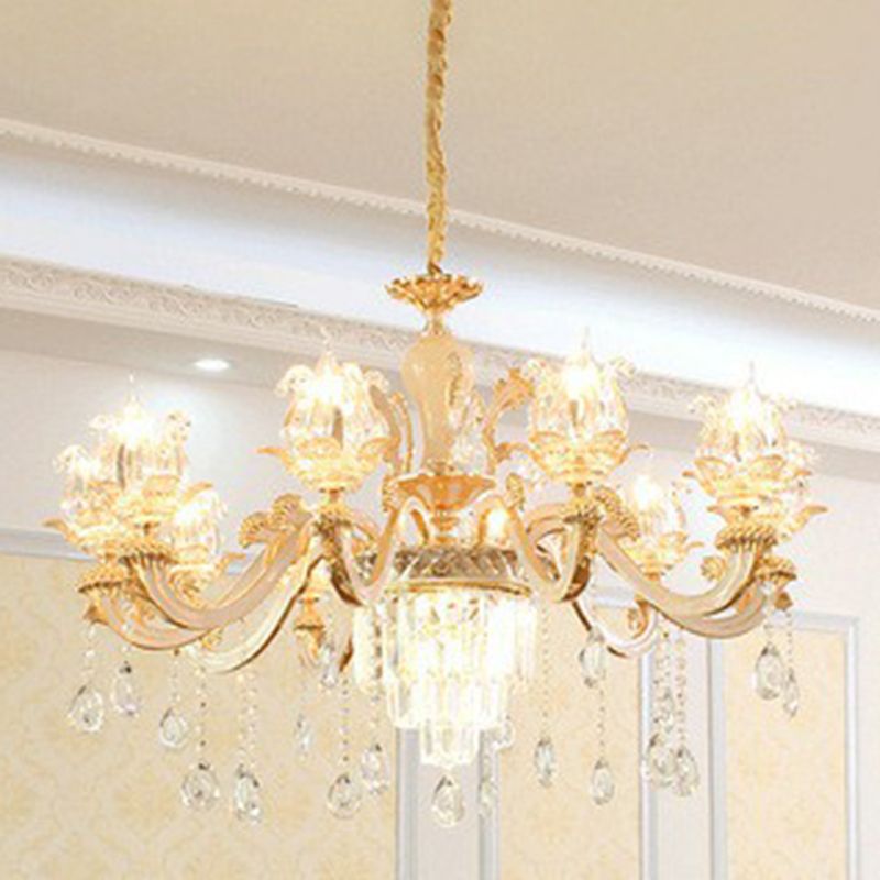 Opulent Crystal Beige Ceiling Light Flower Shaped Traditional Chandelier for Dining Room
