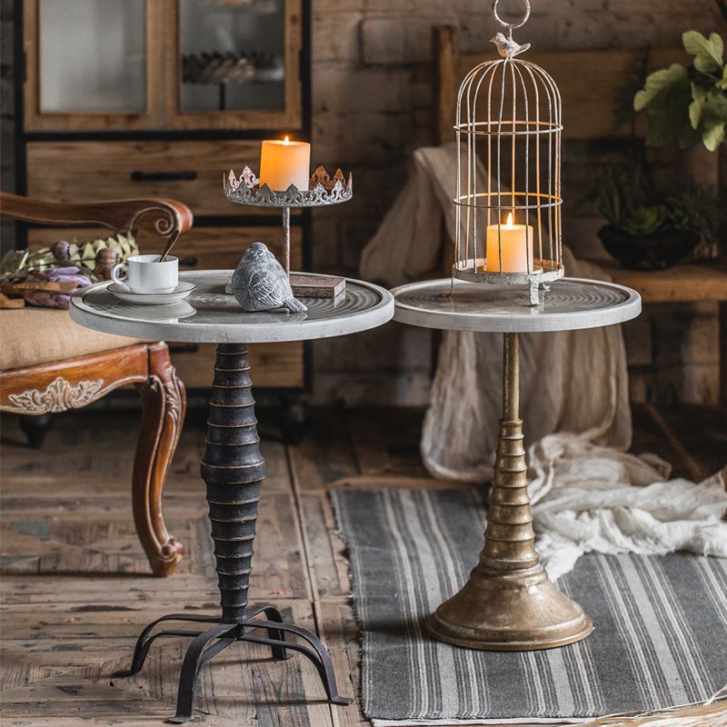 French Country Wood Round Top Side Table Distressed Iron Base End Table