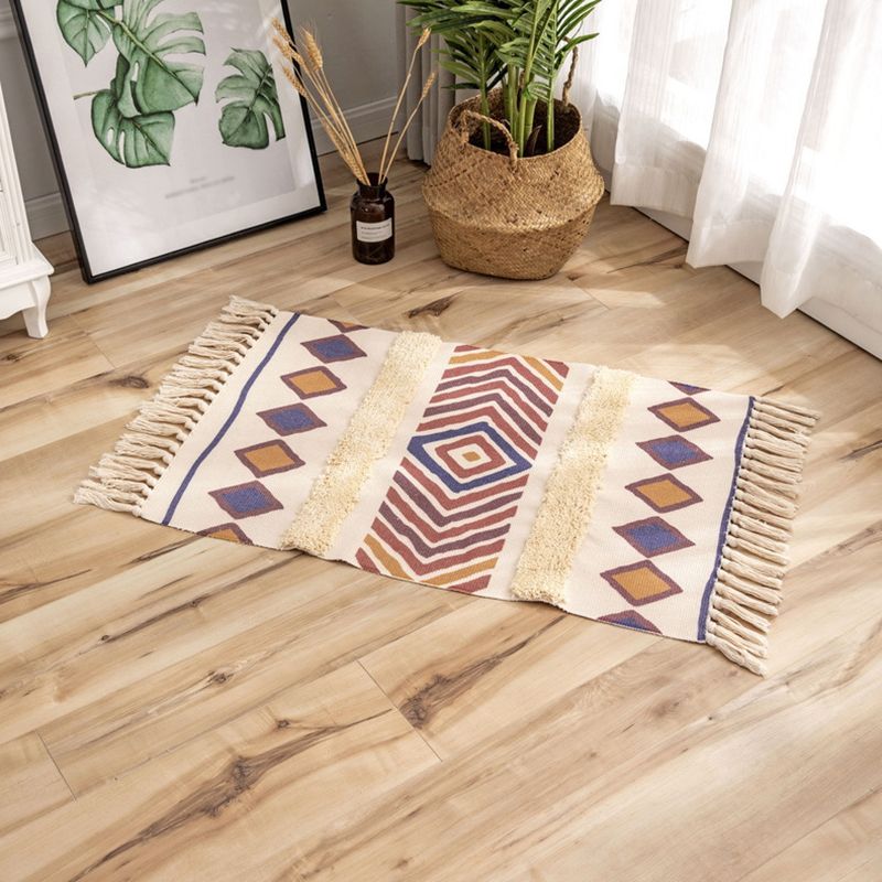 Simplicity Americana Indoor Rug Diamond Pattern Carpet with Fringe Cotton Blend Rug for Home Decor