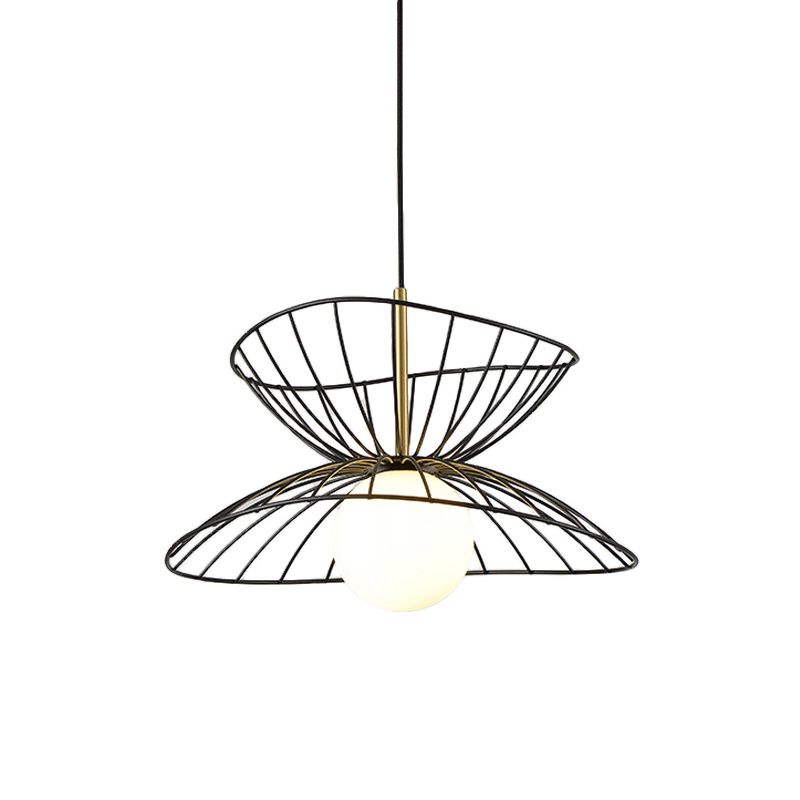 Black/Gold Double-Flared Pendulum Light Modern 1 Head Metal Ceiling Pendant Lamp with Ball Opal Glass Bottom
