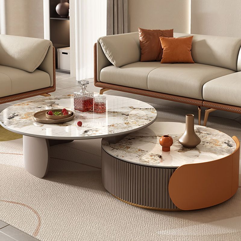 Round Coffee Table Slate Glam Nesting Coffee Table Set with Drawer