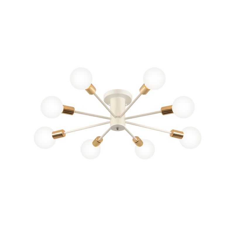 6/8 Heads Bare Bulb Semi Flush Mount Light Vintage Style Black/White Metallic Ceiling Light Fixture for Kitchen