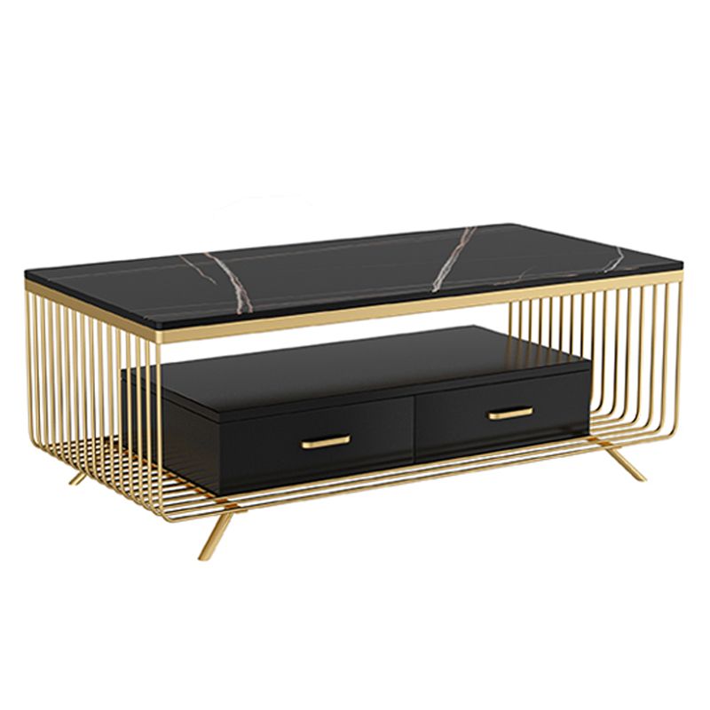 Rectangular Stone 4 Legs Coffee Cocktail Table with 2 Drawers