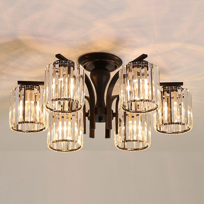 Contemporary Cylinder Flush Light Crystal Flush Mount Ceiling Fixture in Black