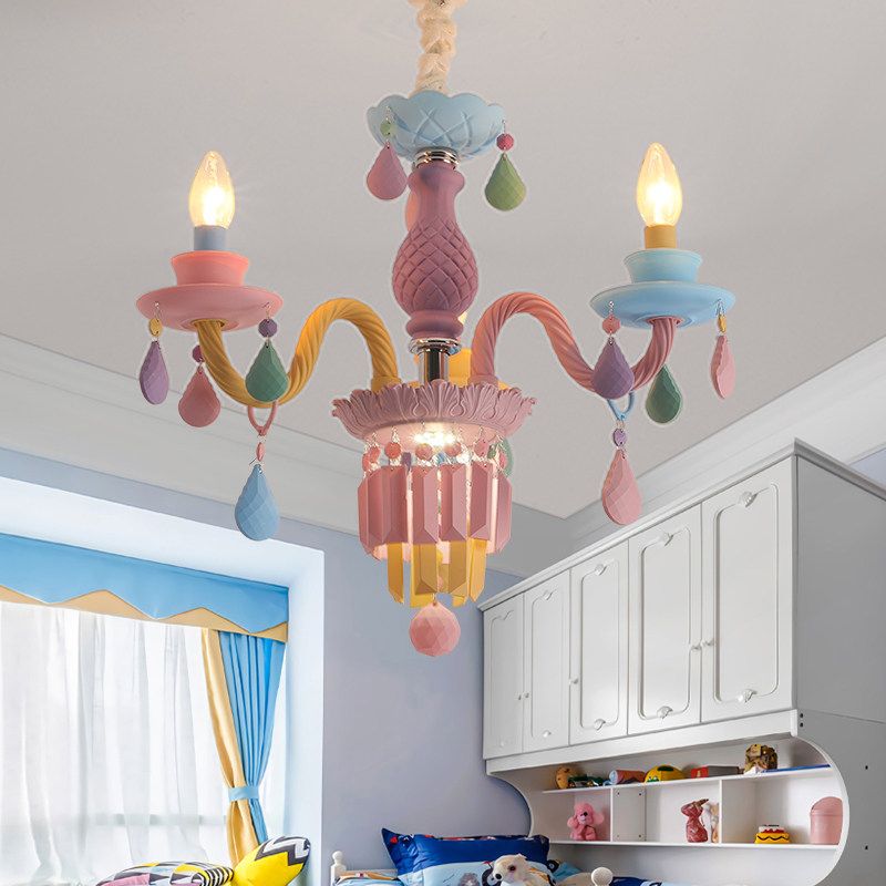 Nursing Room Foyer Candle Pendant Light Glass Kids Multi-Color Chandelier with Teardrop
