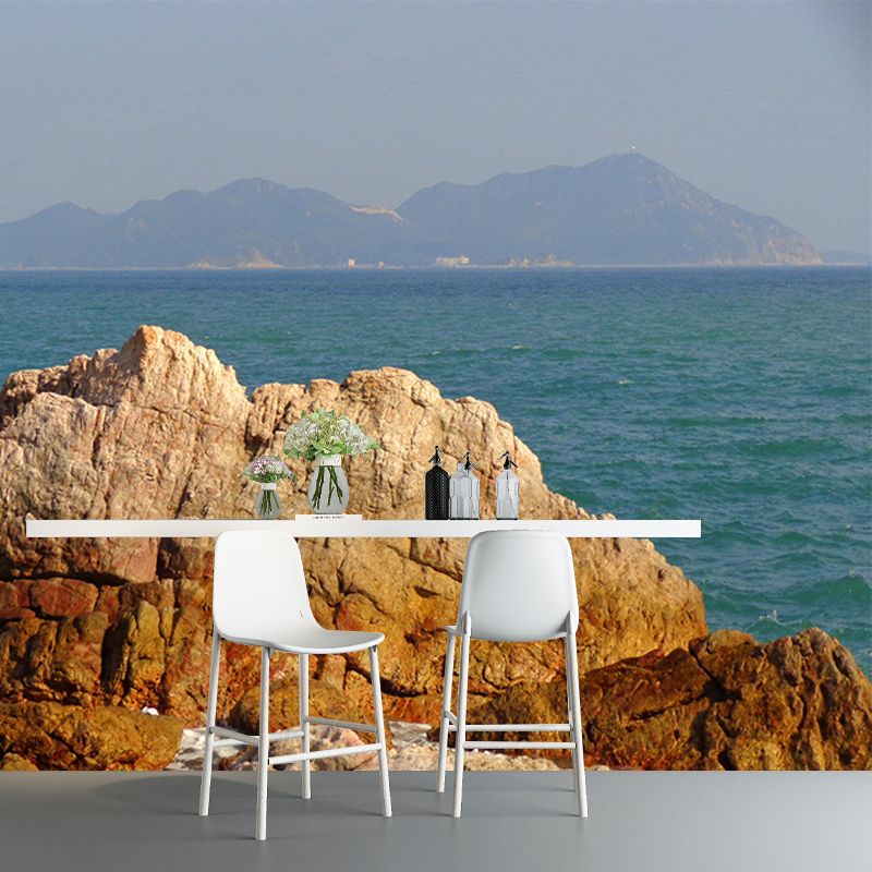 Sea Behind Stone Scenery Mural Contemporary Smooth Surface Wall Covering in Brown