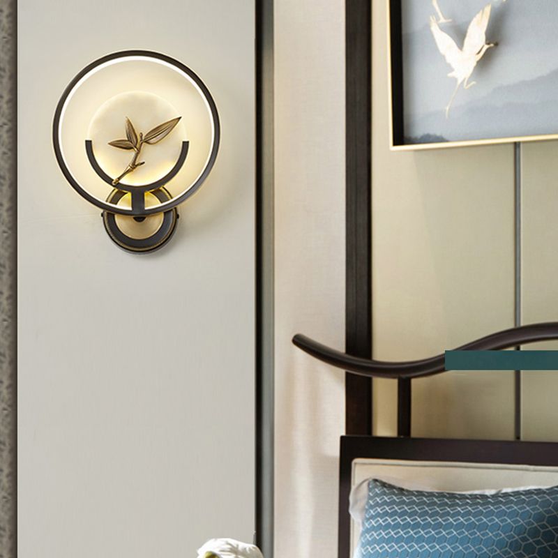 New Chinese Style Jade Wall Light Circle Shape Wall Lamp with Acrylic Shade for Bedroom