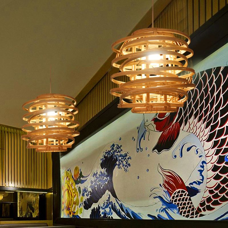 Wood Circle Hanging Lamp Retro 1 Head Bamboo Ceiling Pendant Light for Restaurant