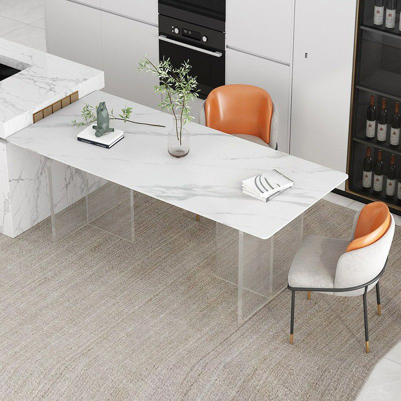 Stone Top Dining Table Industrial Rectangle Table with Double Pedestal Base