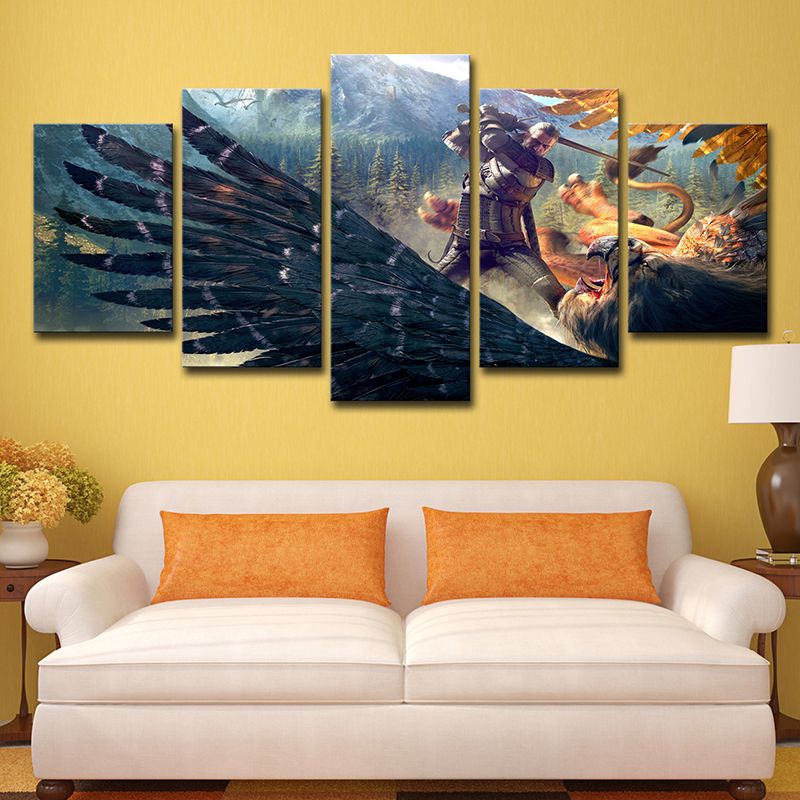 Dark Blue Kids Wall Art Digital Print Witcher Fight Against Eagle Game Scene Canvas for Room