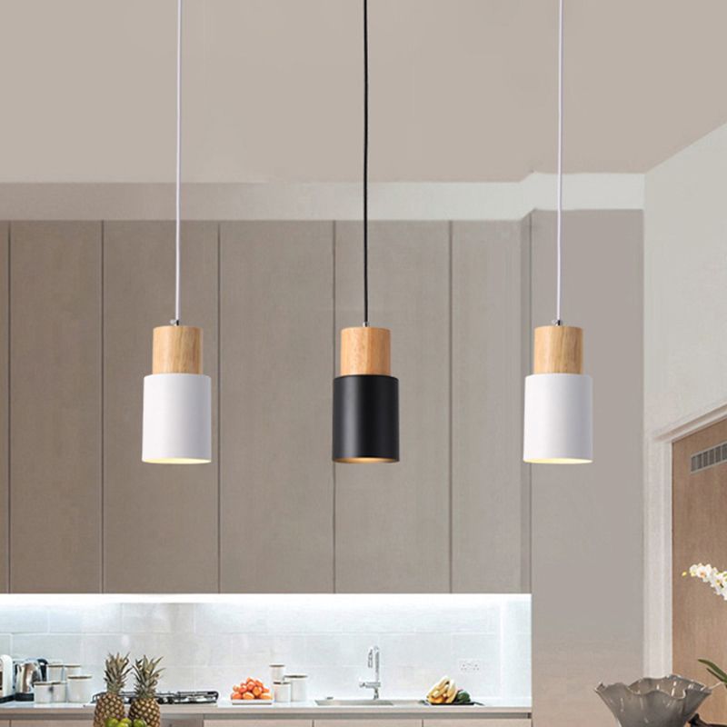 Tubular Bedside Pendant Spotlight Metal 1-Light Minimalist Hanging Lamp with Wooden Top