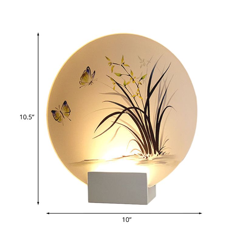 Mont mural en acrylique en forme de lune Éclairage mural à LED blanc asiatique avec papillon et motif d'orchidée