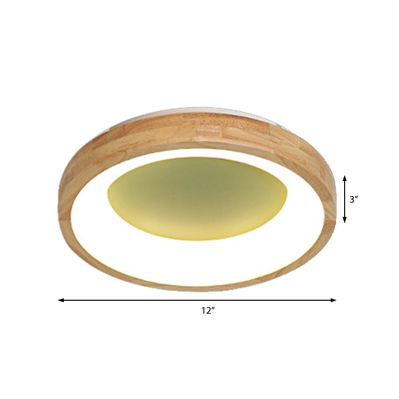 Wood Circular Thin Flushmount Lighting Nordic Style Green/Blue LED Ceiling Mounted Light, 12"/16"/19.5" Width