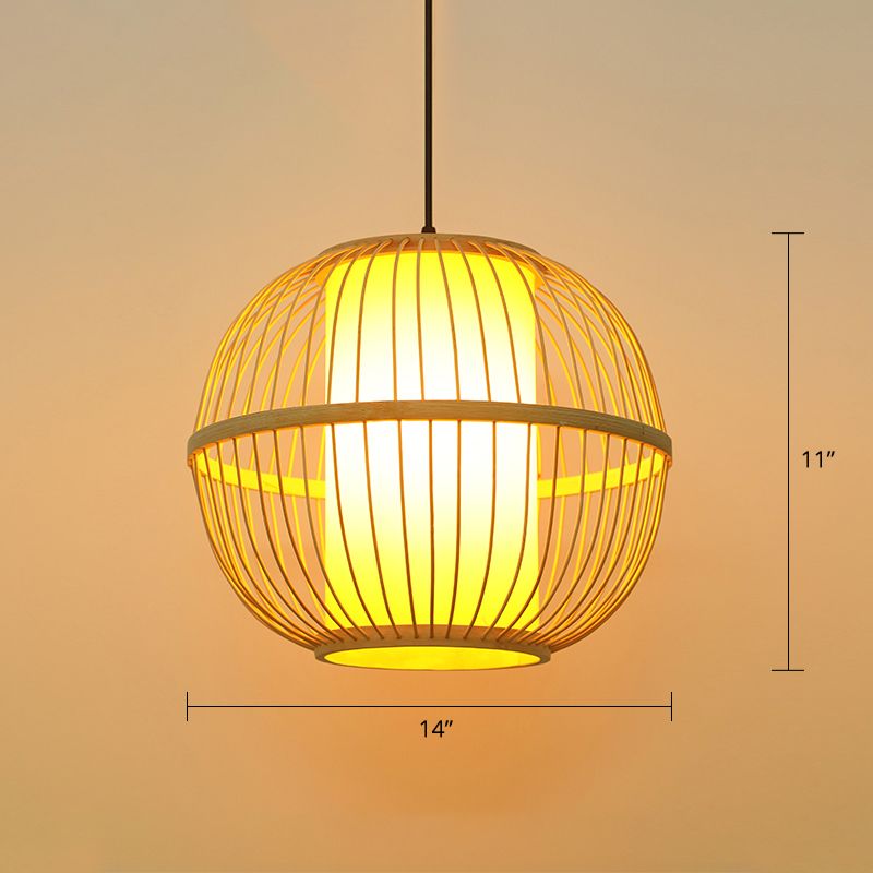 Sphere Tea Room Ceiling Pendant Wooden Single-Bulb Chinese Suspension Light in Beige