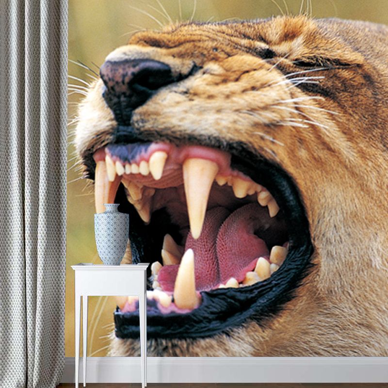 Modern Animal Close-Up Mural Brown Roaring Lion Wall Art for Bedroom, Custom Made
