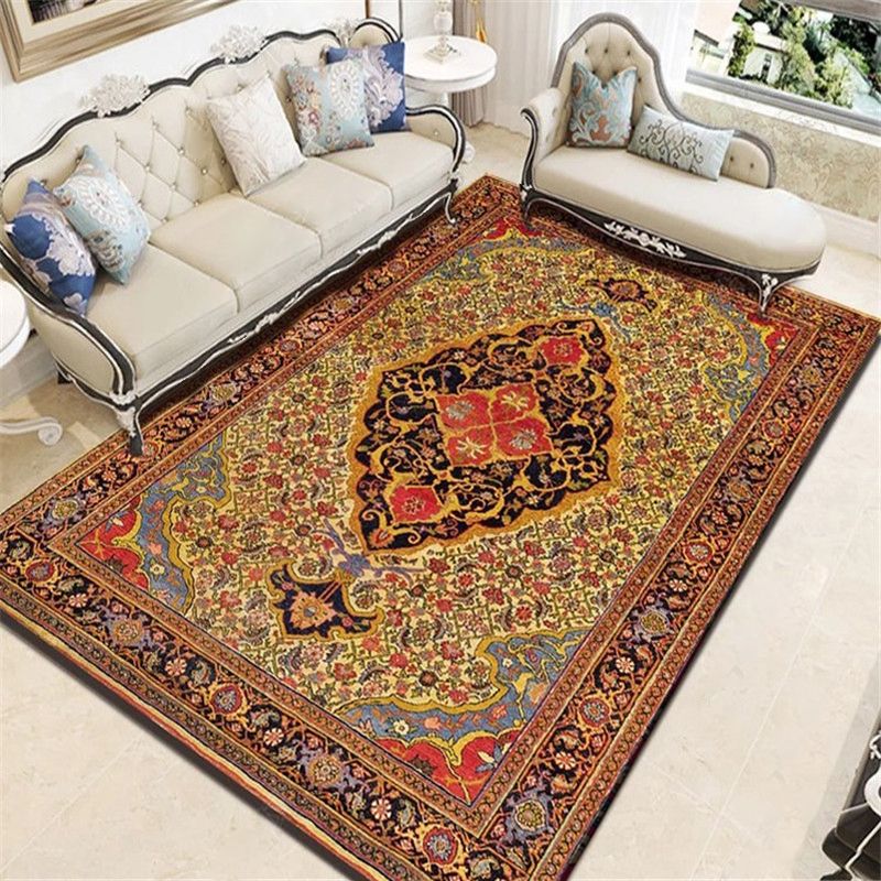 Persian Living Room Rug Multi Colored Geometric Carpet Polyester Pet Friendly Stain Resistant Anti-Slip Backing Rug with Braided Trim