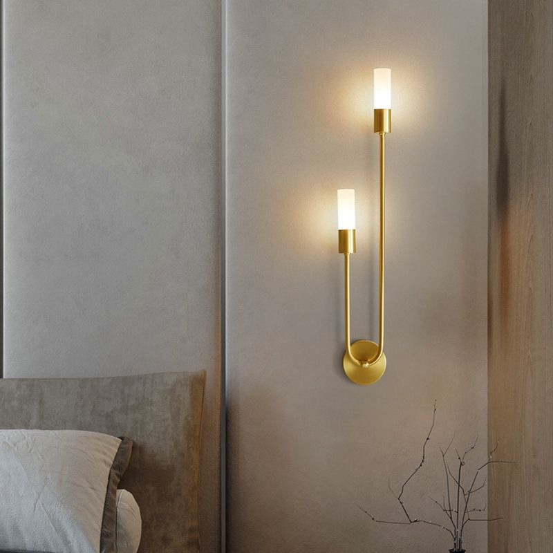 Nordic Style Brass Wall Sconce Cylinder 2 Lights Wall Light with Glass Shade for Bedroom