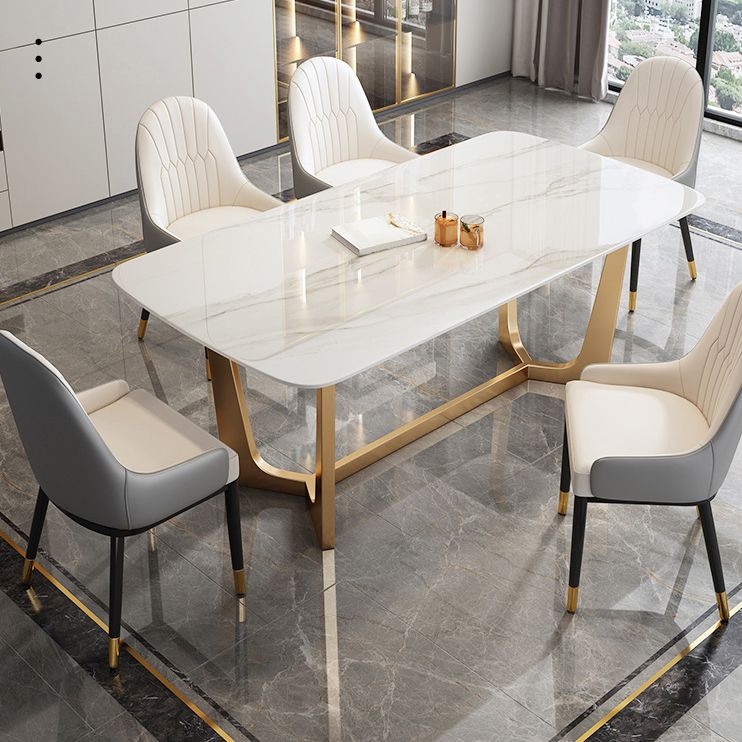 Rectangle Sintered Stone Dining Table Luxury Trestle Base Fixed Table