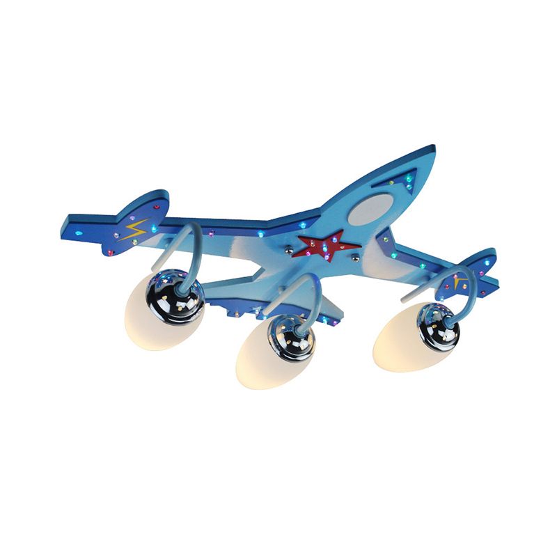 Blue Plane Flush Mount Lamp Kid 3-Light Wooden Ceiling Light with Oval Milky Glass Shade