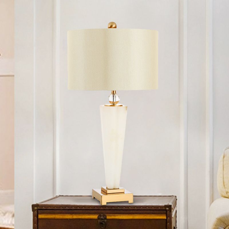 Fabric Cylinder Task Lamp Modern 1 Bulb White Desk Light with Square Gold Metal Pedestal
