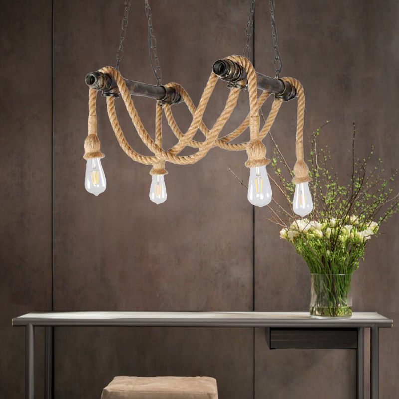 Wrought Iron Bronze Suspension Light Open Bulb 4 Lights Antique Style Chandelier Lamp with Hemp Rope for Bar