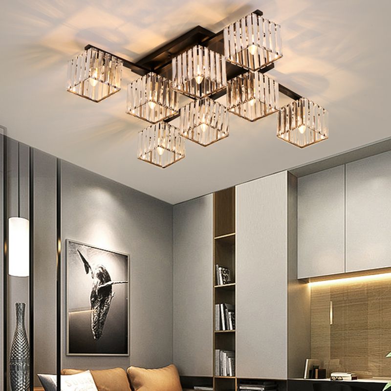 Black/Gold Cubic Living Room Flush Mount Lighting Modernist 4/6/8 Lights Crystal Ceiling Lighting