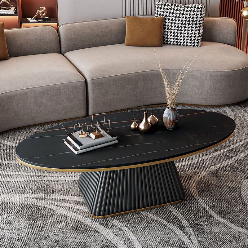 17.7"H Modern Metal Frame Single Foot Base Slate Oval Coffee Table