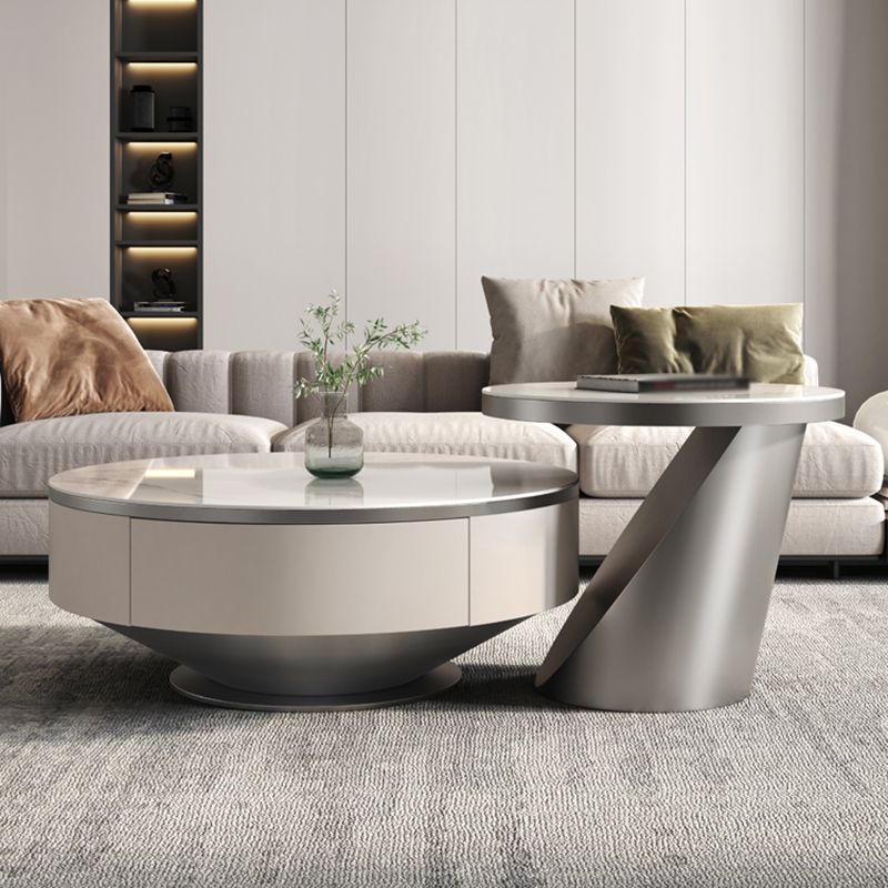 Modern Light Luxury Coffee Table Round Slate Coffee Table with Storage Drawer