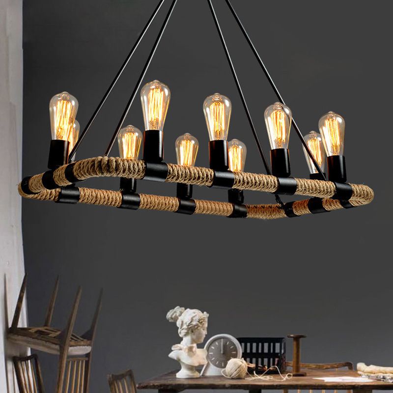 Rectangular Hemp Rope Island Lamp Industrial 10-Light Dining Room Suspension Light