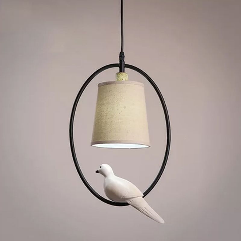 Cone Pendant Ceiling Light Artistic Fabric 1-Light White/Black Hanging Light with Bird Decor and Oval Frame