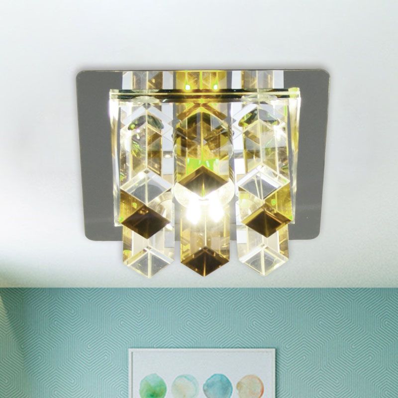 LED Flush Mount Light Minimal Square Blue/Clear/Tan Crystal Block Close to Ceiling Lamp for Hallway