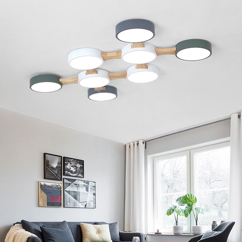 Ronde plafondlamp van hout en metaal, Scandinavisch 3/4/5-lichts grijs plafondverzonken plafond voor slaapkamer in warm/wit